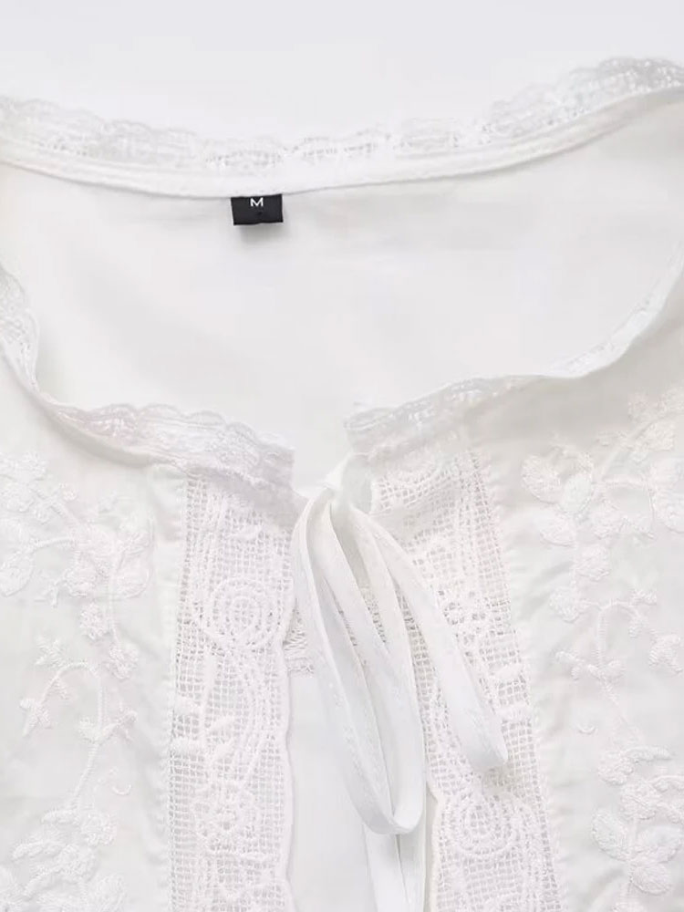 Chemisiers brodés en dentelle pour femmes, col rond, sans manches, noués sur le devant, chemises féminines, hauts chics, à la mode
