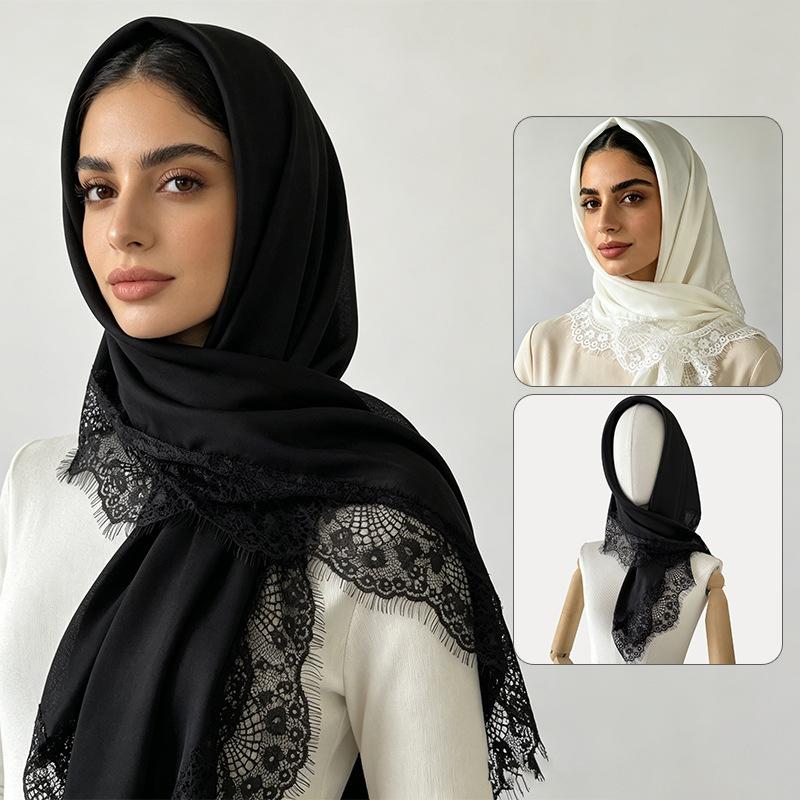 Foulard carré 70x70cm pour femme, avec dentelle, hijab, nœud papillon, élégant, en soie, bandana, voile musulman modeste, foulard quotidien pour cheveux