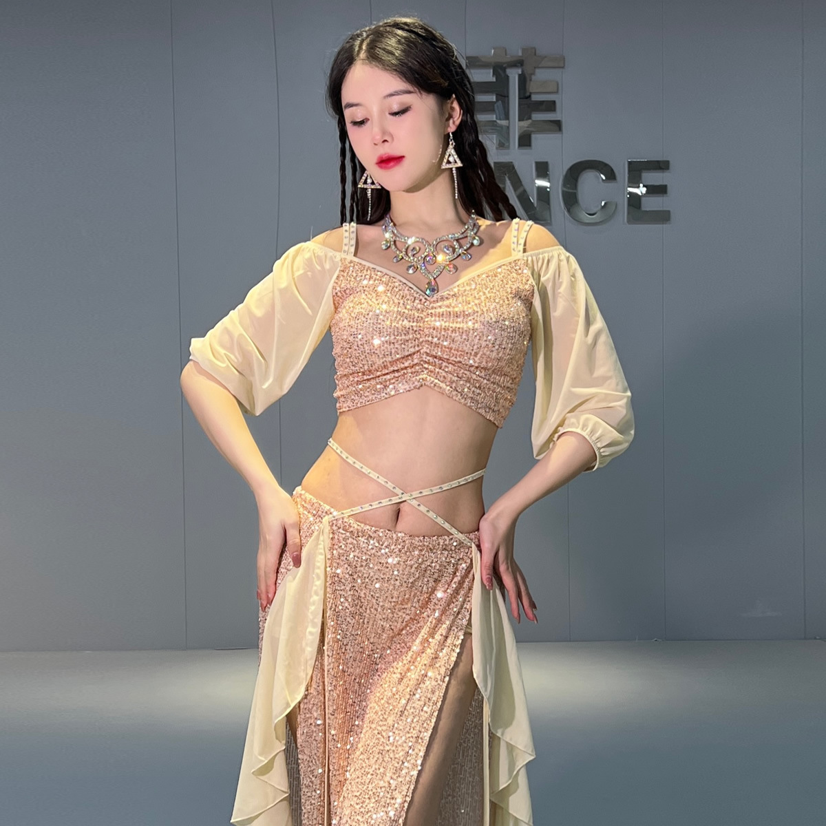 Ensemble de costumes de danse du ventre pour femmes, haut à manches courtes + jupe longue fendue, ensemble professionnel Oriental, tenue de danse du ventre, 2 pièces