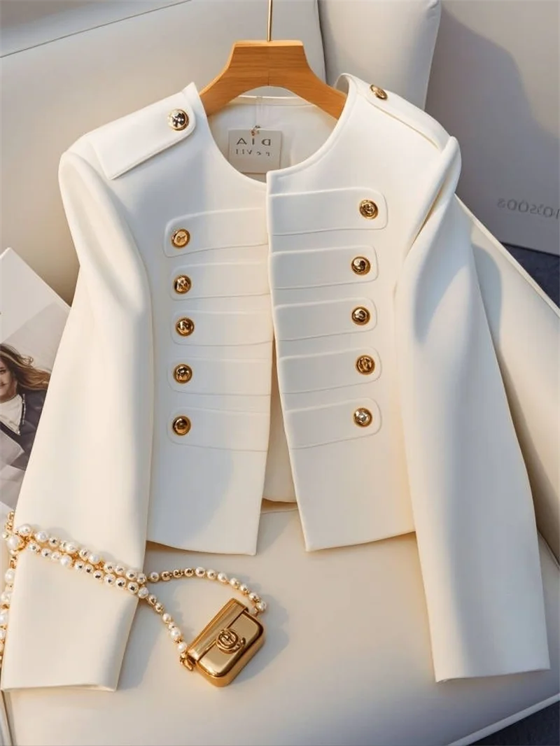 Veste à Double boutonnage pour femmes, mode coréenne, élégante, couleur unie, col rond, manches longues, vêtements d'extérieur pour femmes, manteaux courts de bureau