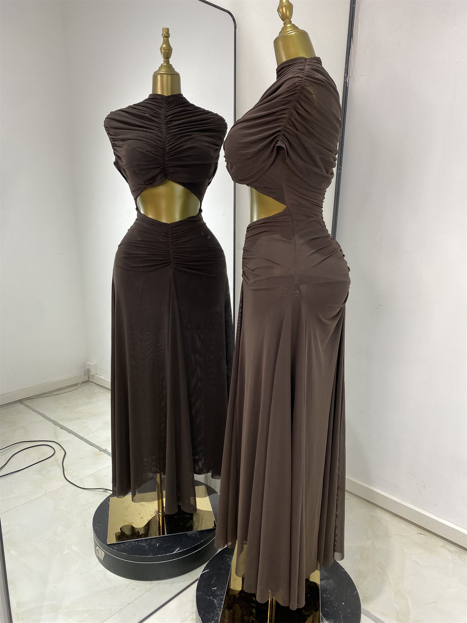 Robes de soirée femme élégante marron transparent drapé découpé Maxi robe longue douce confortable haute rue sortir robe de vacances