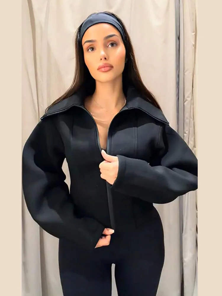 Veste pour femme, manteau cintré à la taille, col rabattu, fermeture éclair unie, vêtement d'extérieur décontracté pour femme, veste en caoutchouc chloroprène pour femme