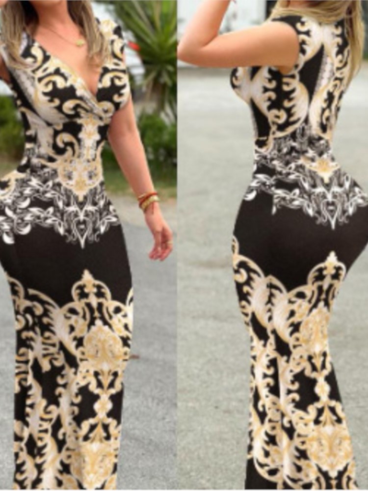 Robe longue d'été Sexy pour femmes, nouvelle mode imprimée, sans manches, élégante, col en v, décontractée, moulante, vêtements