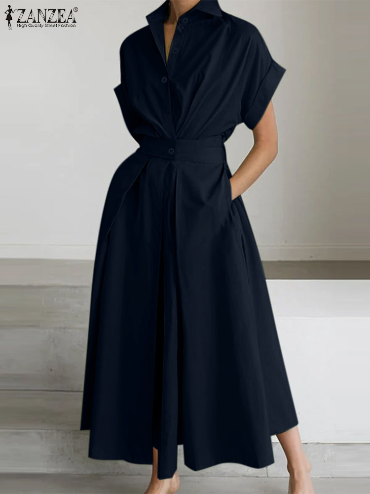 Femmes été OL Robe de travail ZANZEA élégant à manches courtes bureau Robe d'été décontracté solide une ligne boutons vacances robes caftan Robe