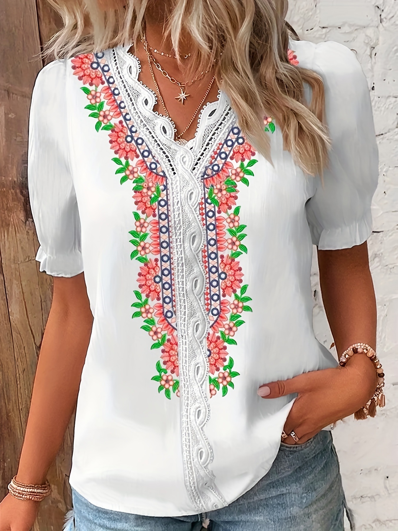 Chemisier à manches courtes en dentelle unie pour femme, col en V basique décontracté, chemise violette, blanc, régulier, grande taille