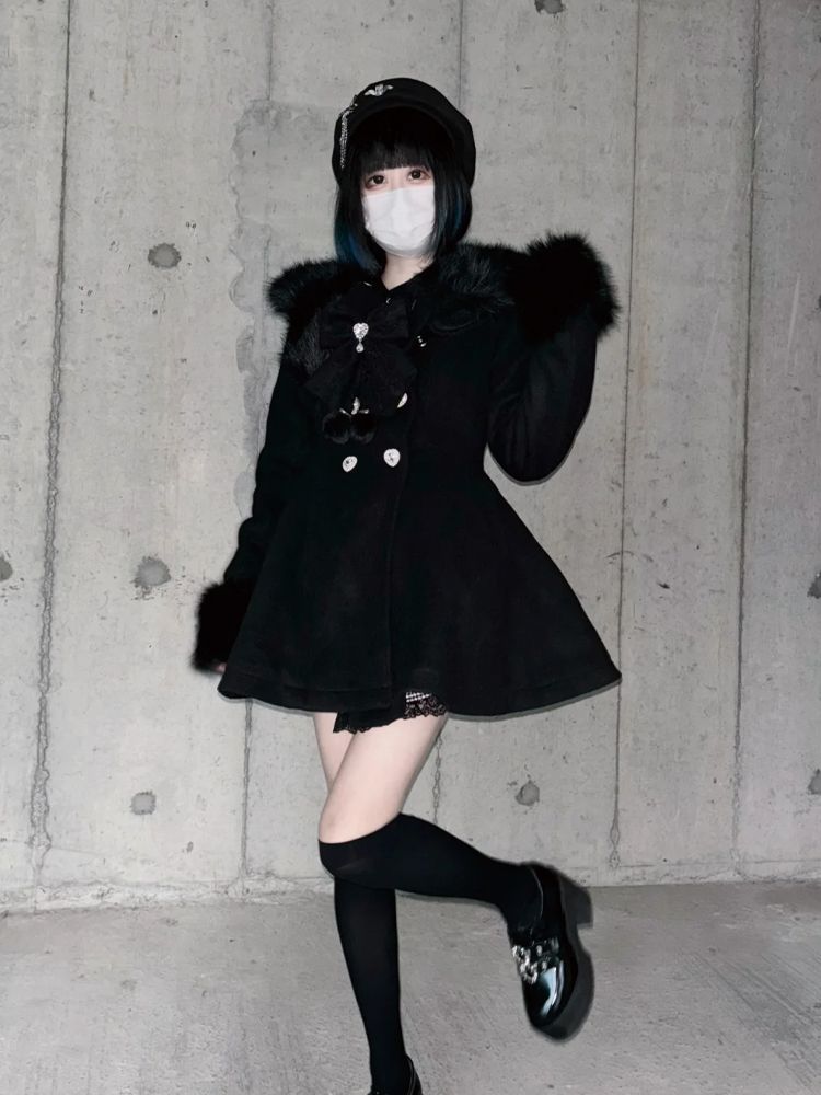 Manteau japonais élégant Kawaii pour femme, col en fausse fourrure, hauts à manches longues, décontracté, boutons avec nœud Lolita, veste chaude et douce, nouvelle collection automne hiver