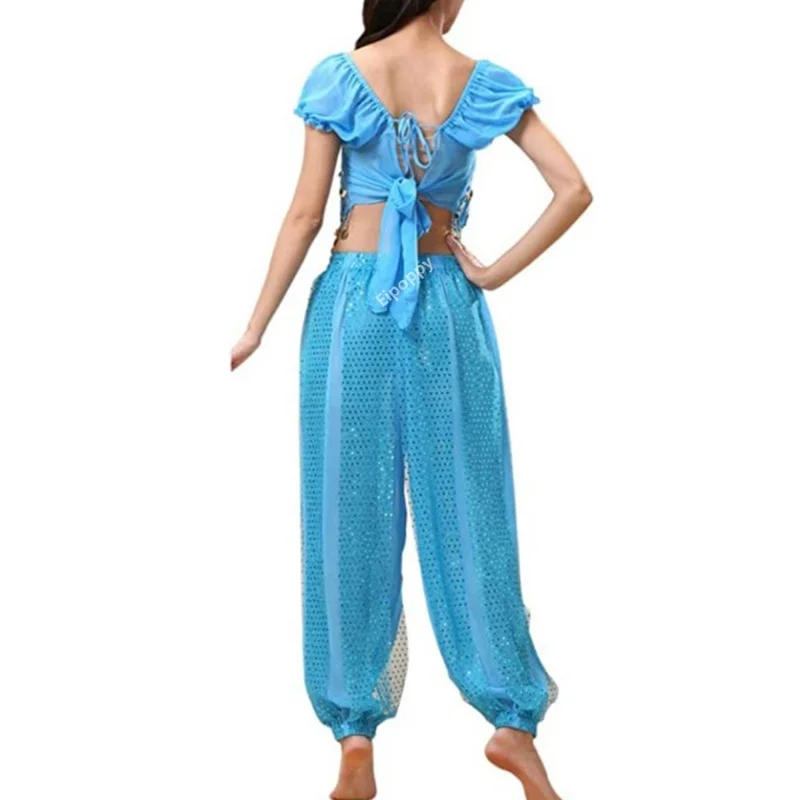 Ensemble de costumes de danse du ventre pour femmes, hauts à paillettes avec sarouel, haut court, pantalon sarouel, tenue de danse arabe d'halloween