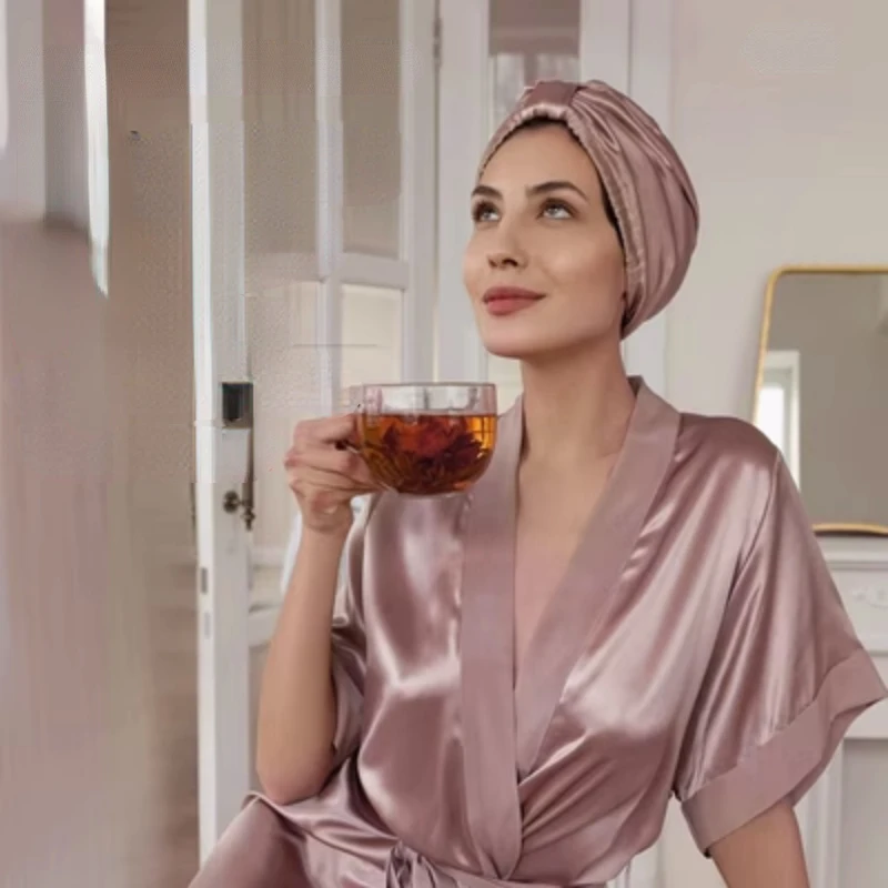 InjTurban pour femme, bonnet pour dormir, double couche, tête arrondie, mûrier, pur naturel, 19 Momme, 100