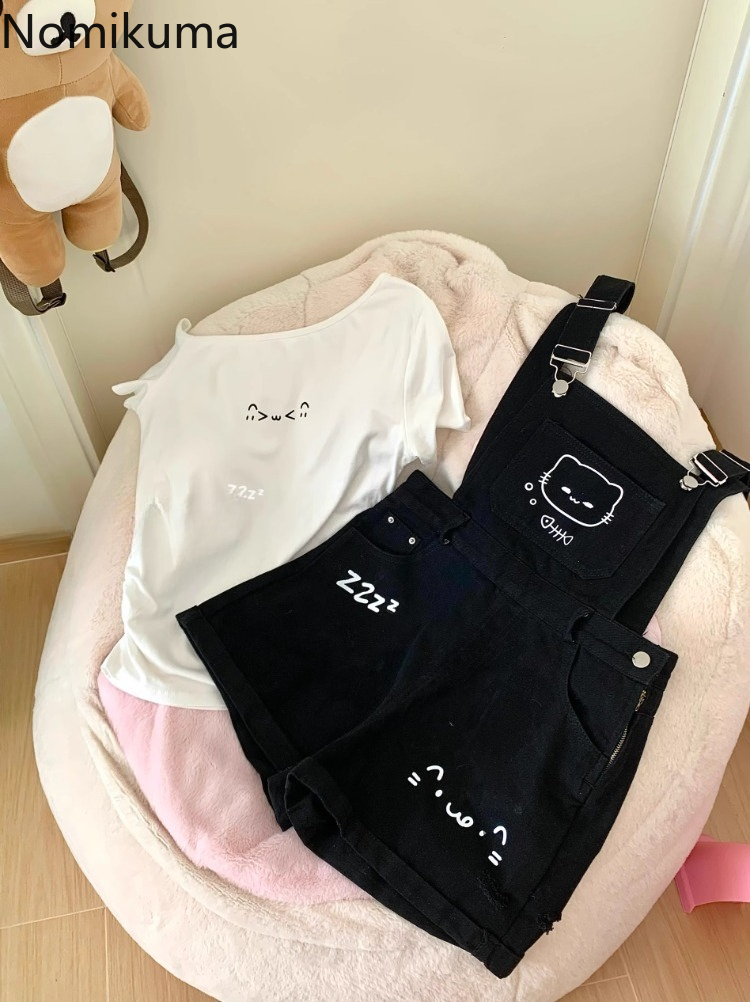 Ensembles courts vêtements d'été femmes deux pièces ensemble tunique t-shirts blancs dessin animé salopette Shorts tenues Style Preppy costume japonais