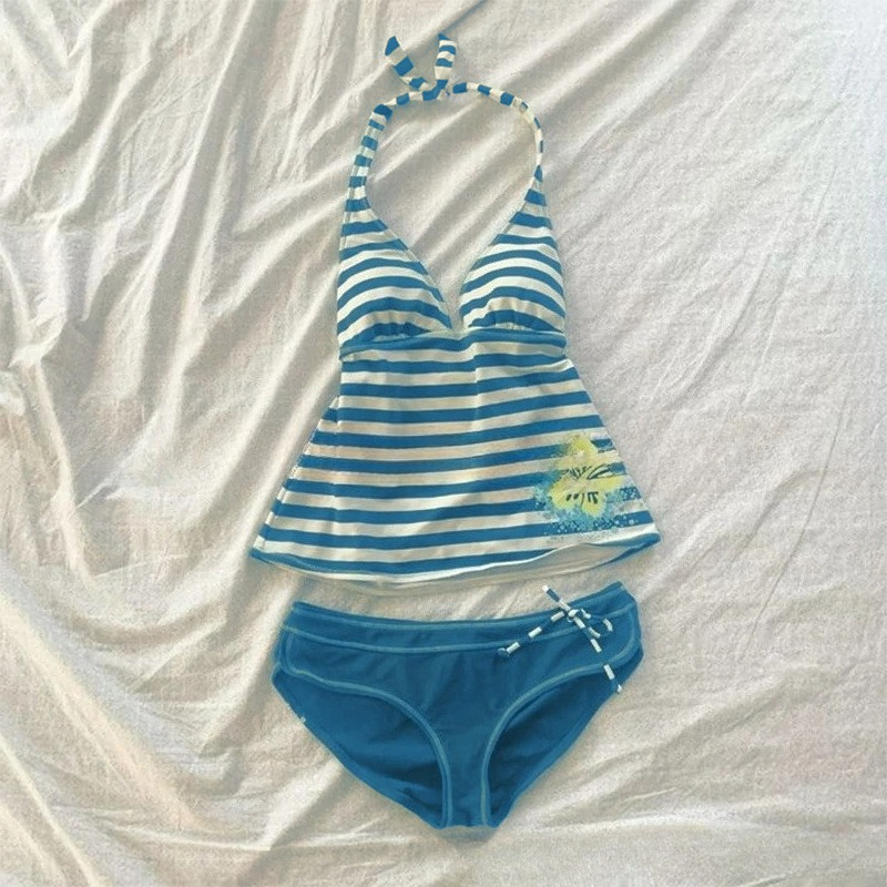 Femmes été plage Bikini ensemble Sexy mince Chic rayé licou col en V maillot de bain 2 pièces Vintage décontracté maillots de bain fendu maillot de bain