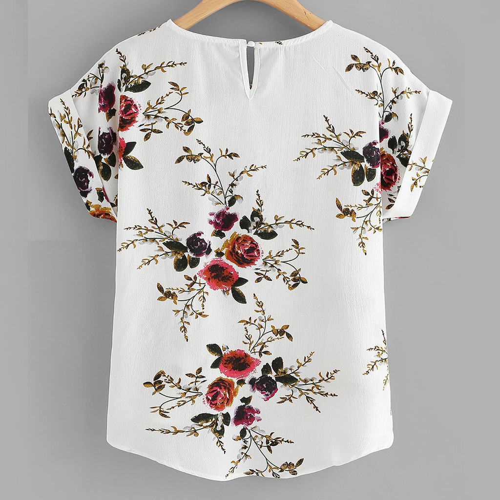 Chemisier à manches courtes imprimé floral pour femmes, t-shirt à col rond pour femmes, pull à la mode, vêtements d'été