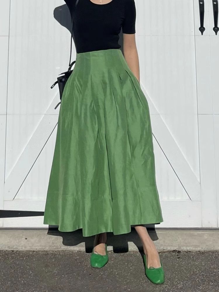 Faldas Mujer Moda rétro tempérament vert taille haute mince grand parapluie jupes poche femmes plissé longue décontracté