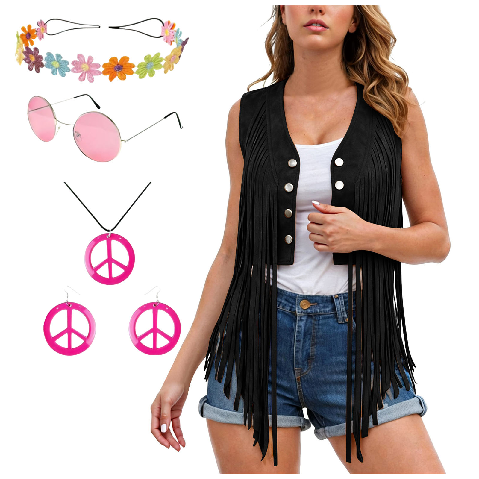 Costume hippie années 60-70 pour femmes, veste à franges, bandeau, lunettes de soleil, collier, boucles d'oreilles, tenue pour soirée dansante, disco, rave