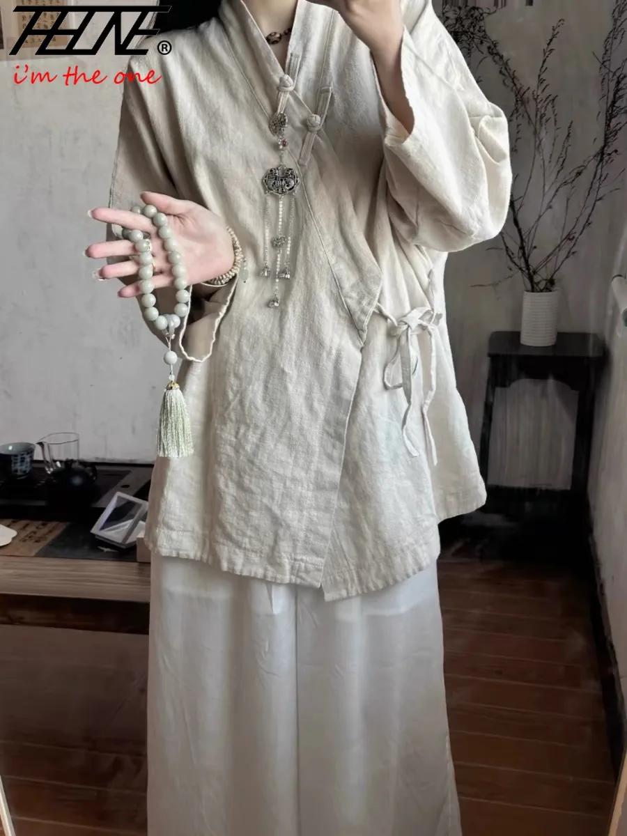 Chemisier à lacets vintage pour femmes, manches longues, chemises coréennes pour femmes, coton, lin, solide, décontracté, mode automne, 2024