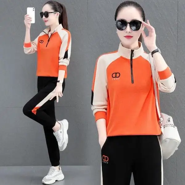 Ensemble de vêtements de sport pour femmes, coupe ample décontractée, col montant, tenue de course, deux pièces, style bicolore, printemps automne, nouvelle mode