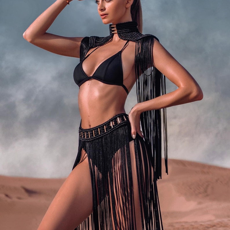 Cover Ups de bikini pour femmes, crochet à la main avec glands, jupes évidées, ensemble assressenti, plage, bain, été, vacances, sexy, 2023