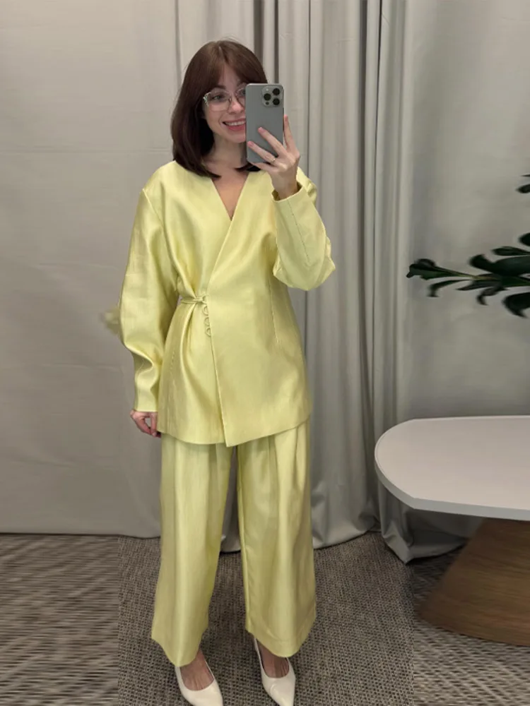 Ensemble de vêtements pour femmes tendance, manteau à col en V, manches longues, ceinture, lacets, pantalon large, ensembles unis pour femmes, nouvelle collection printemps 2026, costume décontracté pour femme