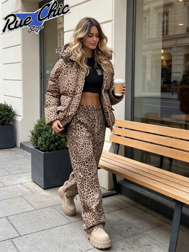 Ensemble en deux pièces pour femmes : veste en coton à imprimé léopard, manteau ample à capuche avec fermeture éclair, pantalon long à taille élastique, tenue d’hiver chaude et élégante.