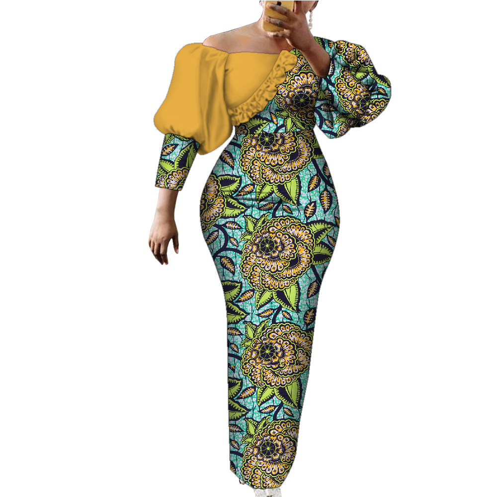 Robe de soirée en coton imprimé africain pour femmes, manches bouffantes, vêtements africains pour femmes, batterie élégante, longue robe de soirée, WY2122