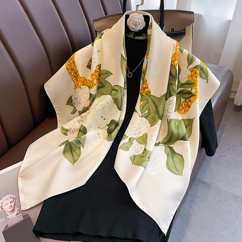 Foulard imprimé carré en sergé de soie pour femmes, 90x90cm, Hijab, Bandana, Foulard, châle, enveloppes, étoles de plage, 2024