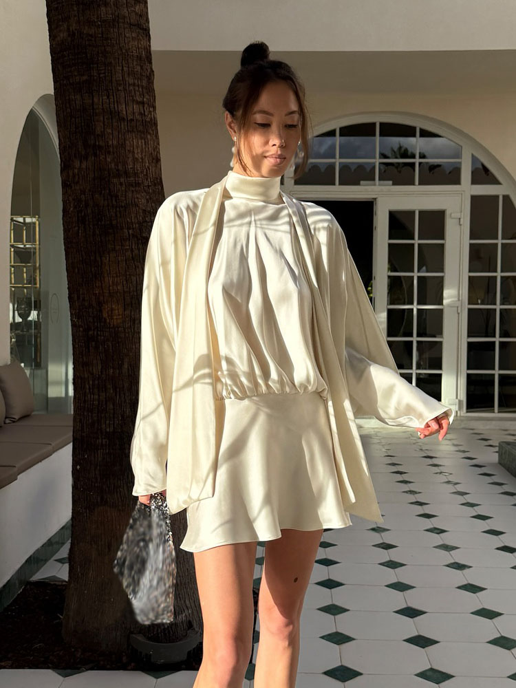 HH femmes mode soie Satin Texture écharpe conception nœud papillon robe femme élégante Simple col haut à manches longues tenue décontractée Mujer