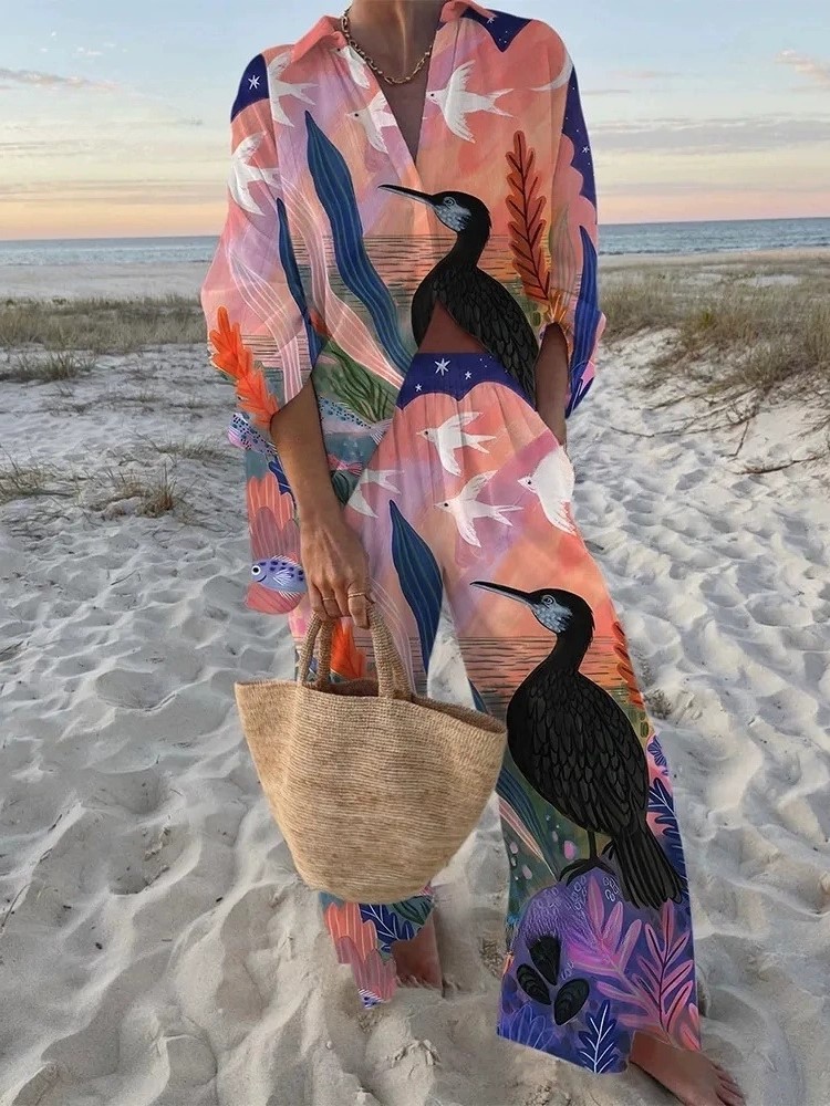 Ensemble de vacances d'automne pour femmes, chemise imprimée à manches longues + pantalon à jambes larges, ensemble 2 pièces pour femmes, vêtements Boho, nouvelle collection