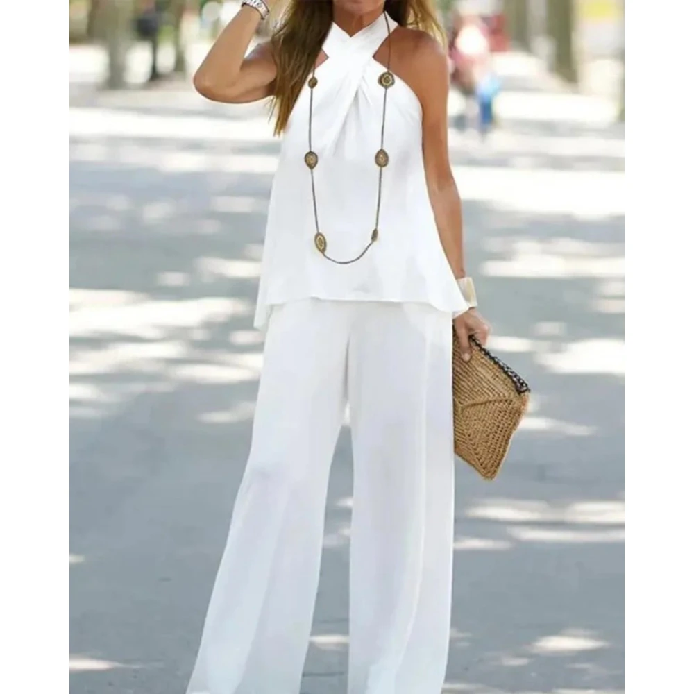 Ensemble deux pièces pour femme, haut à col en fibre de V et pantalon taille haute, tenue décontractée, survêtement à la mode