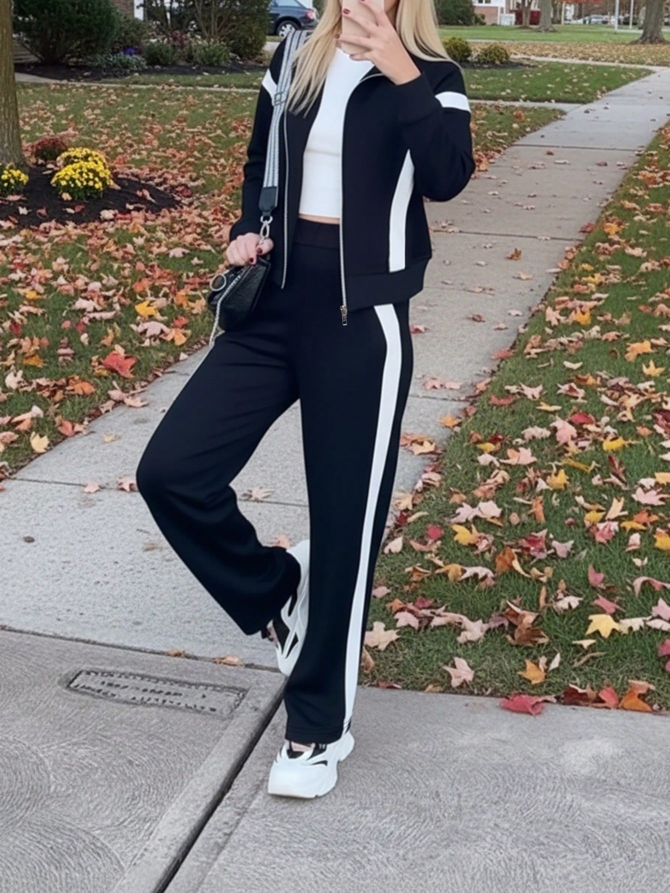 Ensemble décontracté pour femme : veste à manches longues confortable et ample avec coutures contrastées + pantalon droit rayé contrastant, ensemble deux pièces