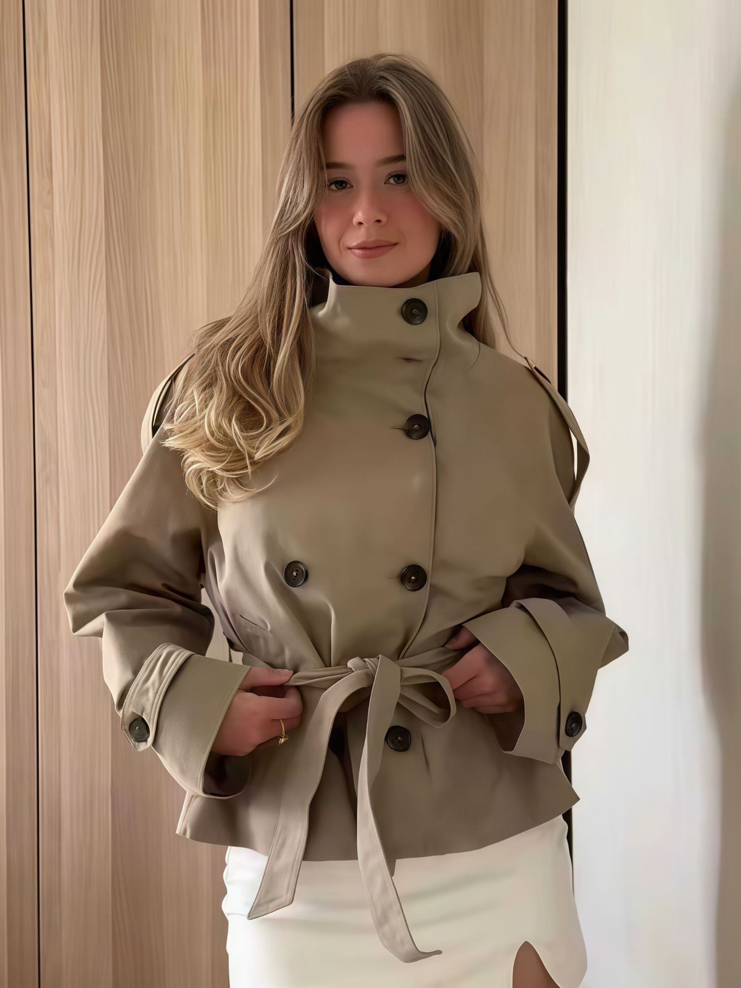 Manteau pour femmes, veste à double boutonnage, ceinturé, court, col montant, manches longues, décontracté, nouvelle arrivée, vêtement d'extérieur pour dames.
