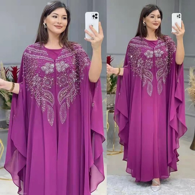 Robe musulmane pour femmes, ample, manches chauve-souris, perlée, longue, Abaya, Kaftan, Robe islamique, ensemble deux pièces