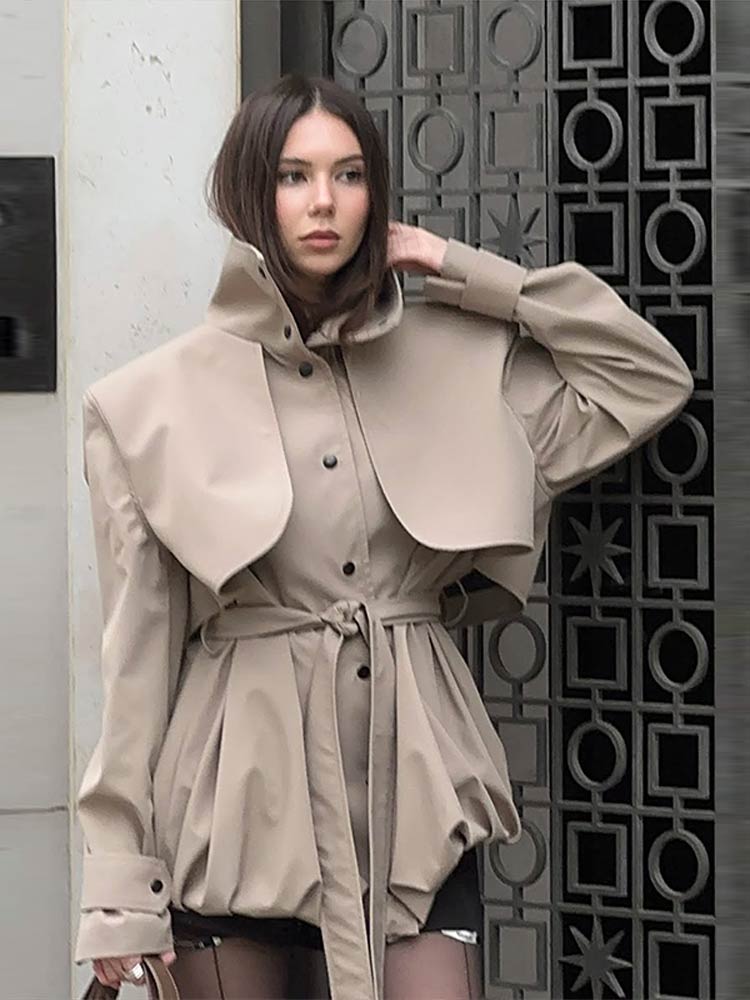Veste-robe pour femme, col montant, manches longues, taille ceinturée, coupe courte en A, mini-robe avec poches