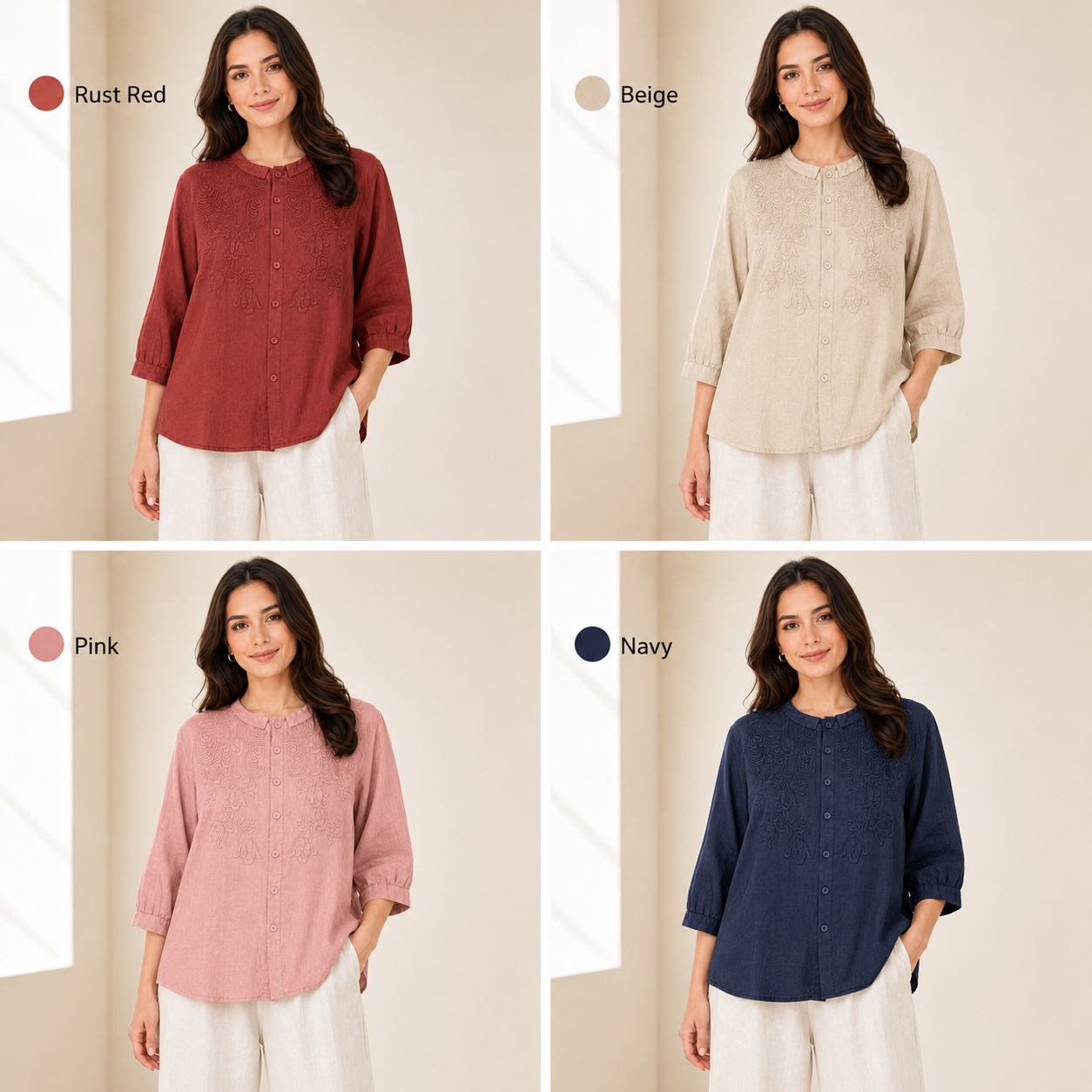 Chemisier brodé boutonné pour femme, manches 3/4, style lin léger, broderie florale, coupe décontractée, haut d'été