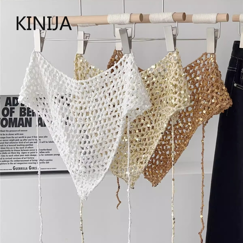 Écharpe triangulaire en tricot ajouré à paillettes style Ins pour femme, polyvalente, décontractée, pour l'été, les voyages et les photos, style Y2K, bonnets et bandeaux