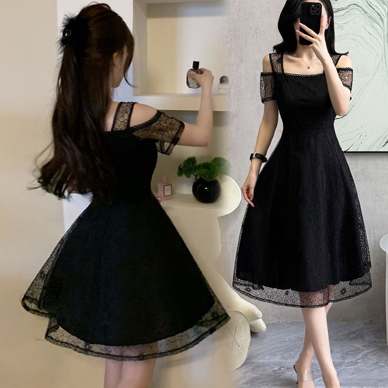 Robe d'été en mousseline pour femme, style coréen, pour le bureau, collection 2026, élégante et décontractée, noire, à épaules dénudées