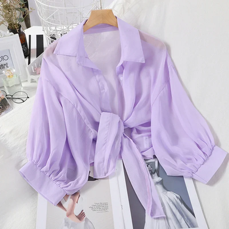 Chemisier en mousseline de soie pour femmes, vêtements blancs ajourés, amples, élégants, couleur unie, taille nouée, chauve-souris, demi-manches, boutons, été