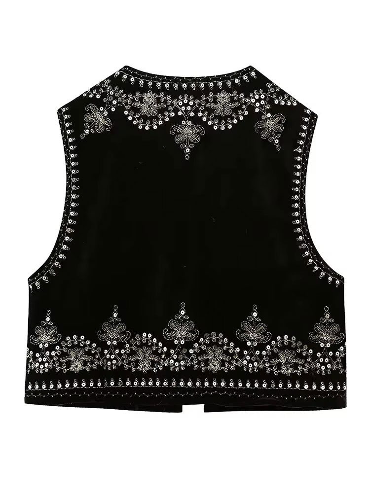 Vintage automne velours brodé gilet sans manches veste femmes col en V Chic gilets femme mode gilets manteau 2023