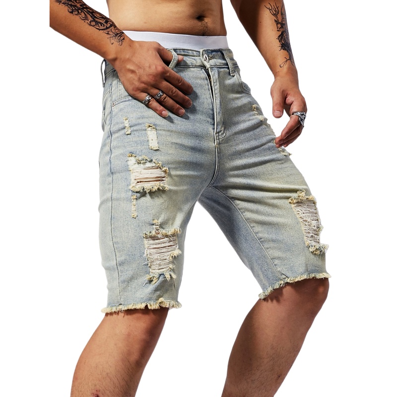 Short en Jean Déchiré pour Homme, Vêtement en Denim, Court, Slim, Droit, à la Mode, Noir, Streetwear, Été
