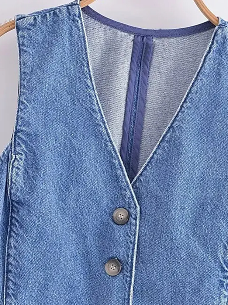 Femmes mode avant bouton Denim gilet Vintage col en V sans manches vêtements de dessus pour femmes Chic gilet hauts