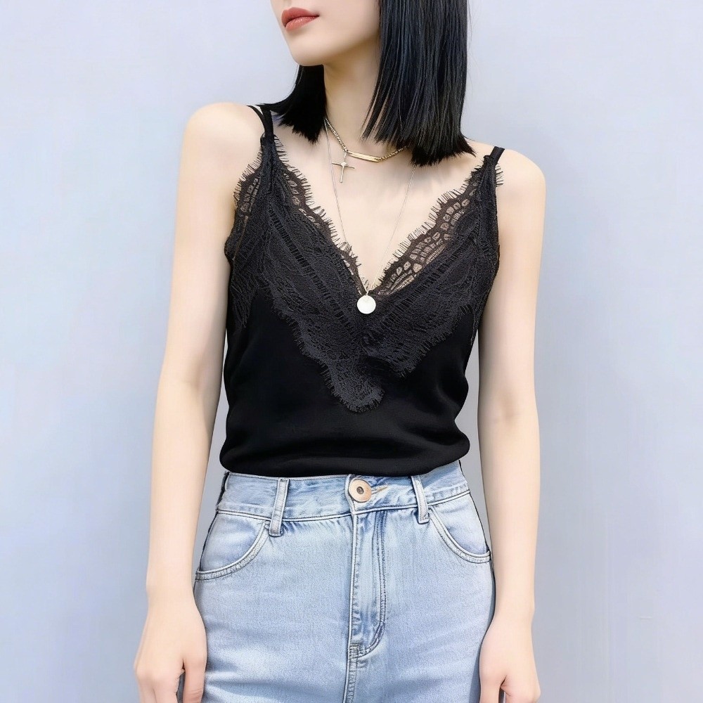 Nouvelle Camisole d'été en dentelle à col en V, style sexy Spice Girls, avec bordure en dentelle, décontractée et élégante, pour les vacances à la plage