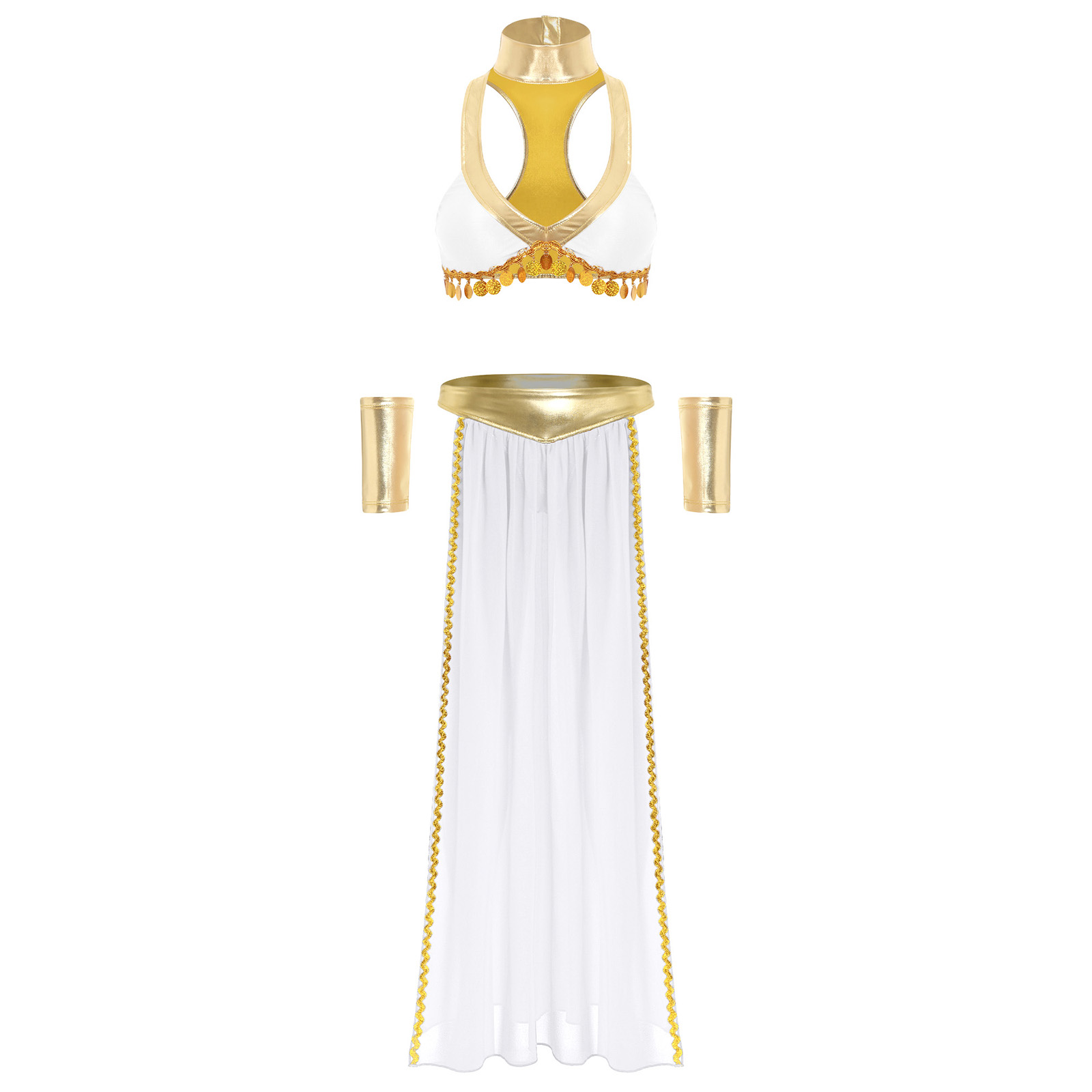 Tenues de Cosplay reine égyptienne antique pour femmes, haut court à col avec jupe en mousseline de soie, métallique brillant, danse du ventre indienne