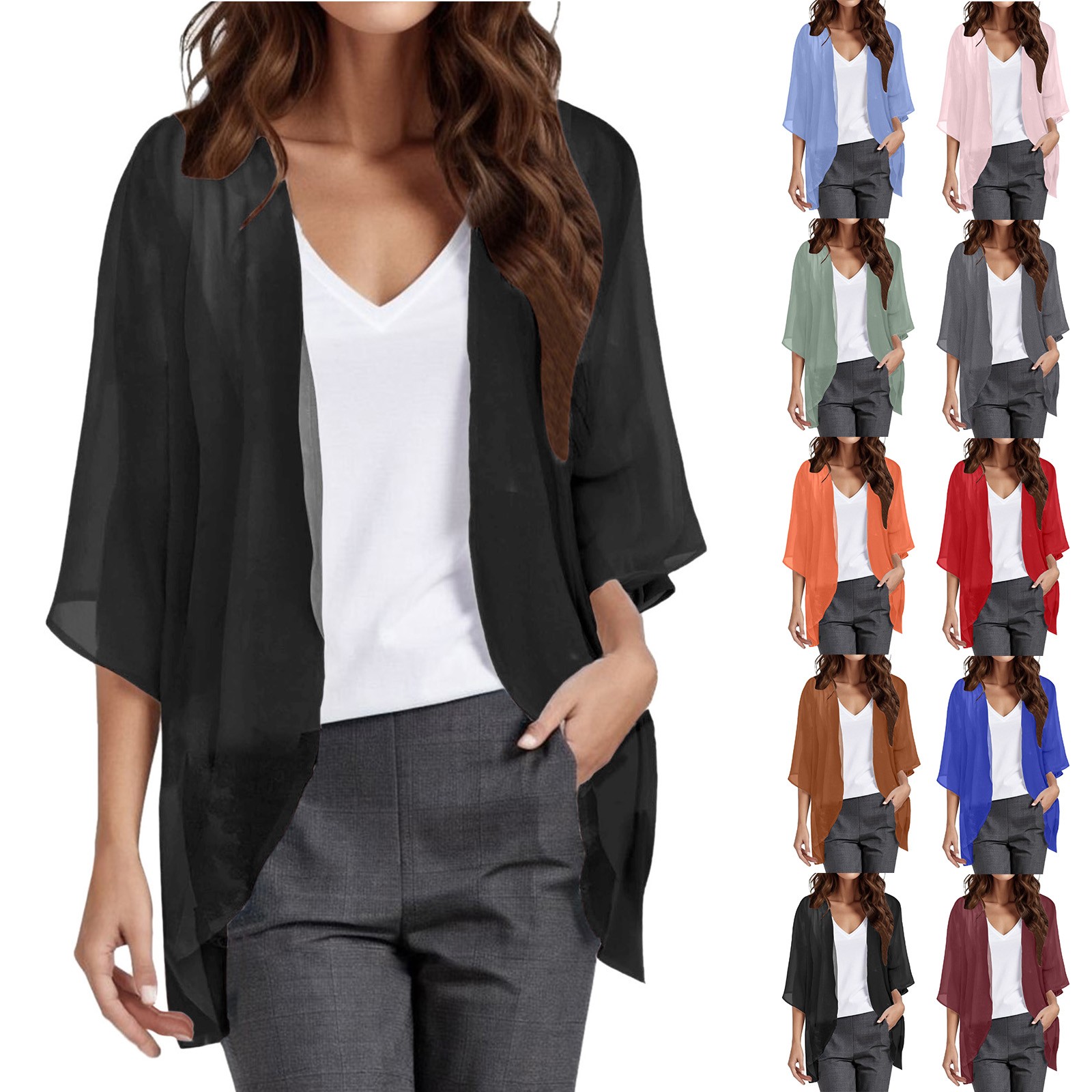 Kimono cardigan en mousseline pour femme, manches 3/4, léger, ouvert sur le devant, transparent, couleur unie, coupe ample, châle de plage décontracté pour l'été