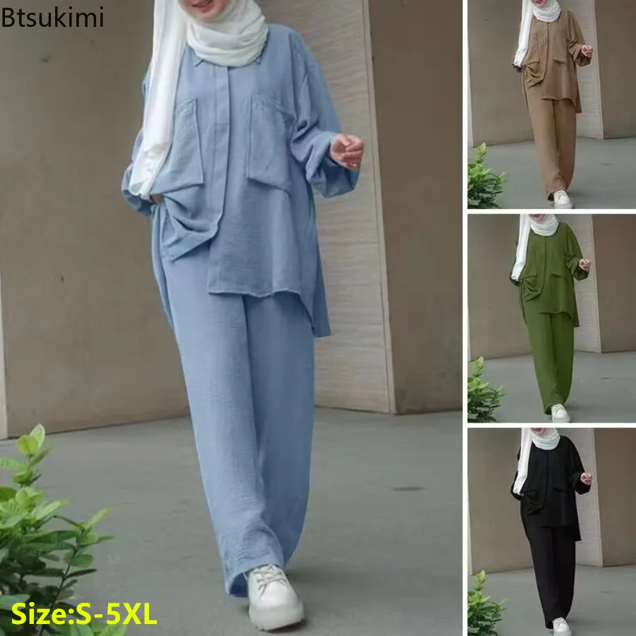 Femmes décontracté costume musulman solide Abaya Eid Ramadan à manches longues Blouse + pantalon 2 pièces ensemble dubaï turquie caftan femmes vêtements islamiques