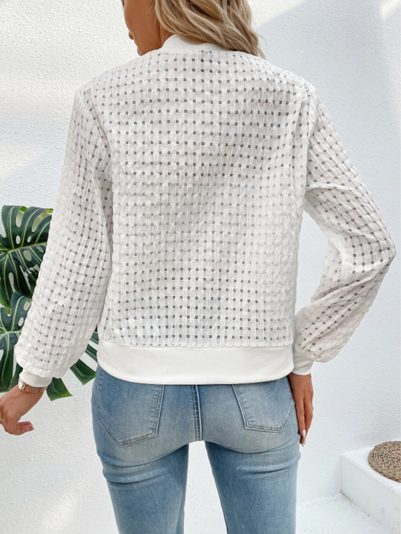 Manteau fin blanc pour femme, manches longues, fermeture éclair, grille décorative, col rond, cardigan décontracté pour femme, veste imprimée, automne, nouveau, 2024