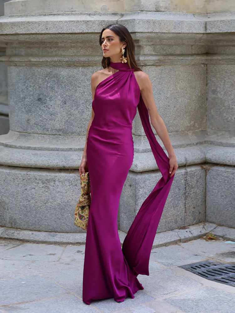 Robe de soirée longue en Satin avec ruban élégant pour femmes, couleur unie, sans manches, dos nu, robes de soirée chics, printemps été 2025