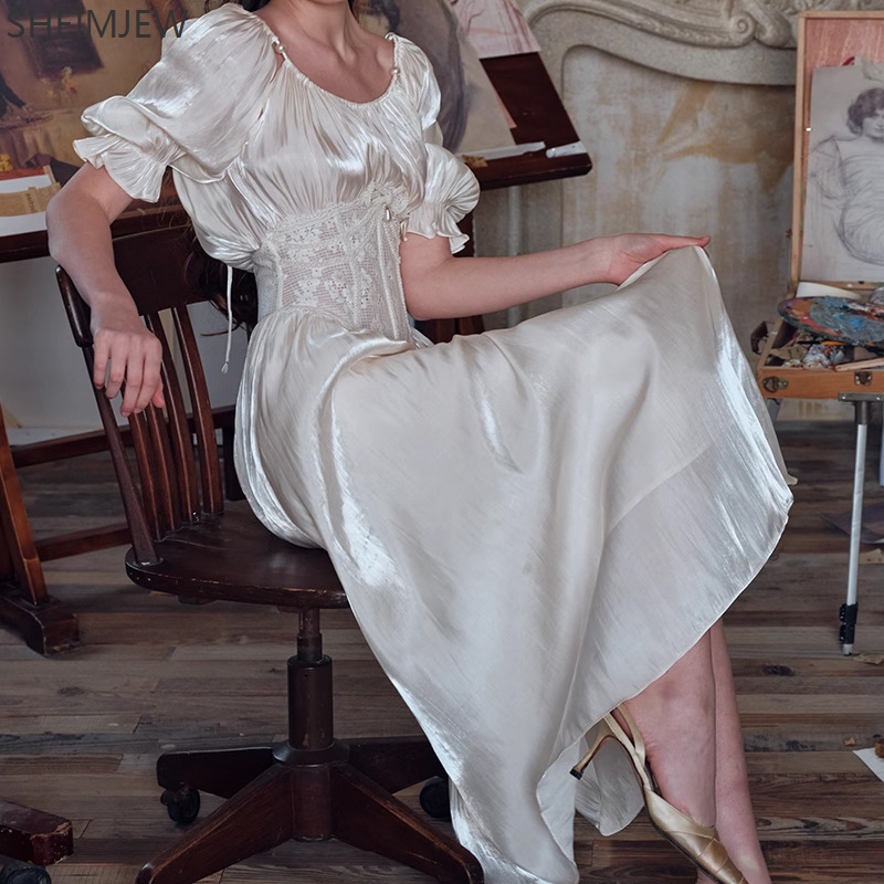 Mode français élégant palais Style dentelle couture arête de poisson taille robe de soirée robe de bal blanc Sexy dames quotidien perle robe