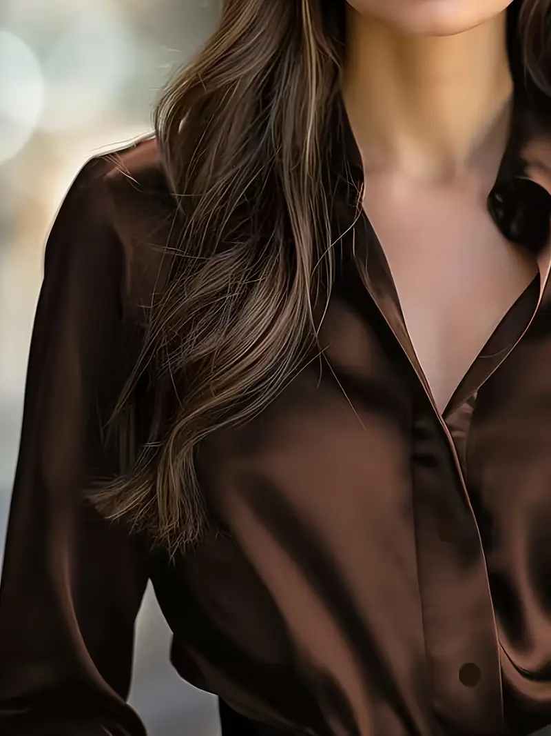 Chemisier élégant à manches longues en satin noir pour femme, chemise à col boutonné, parfait pour un usage décontracté ou professionnel