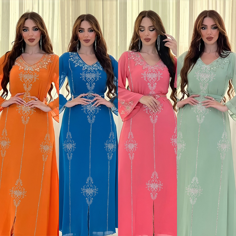 Abaya musulman en Polyester pour femmes, élégant, Orange, bleu, rose, vert, manches longues, col en v, été