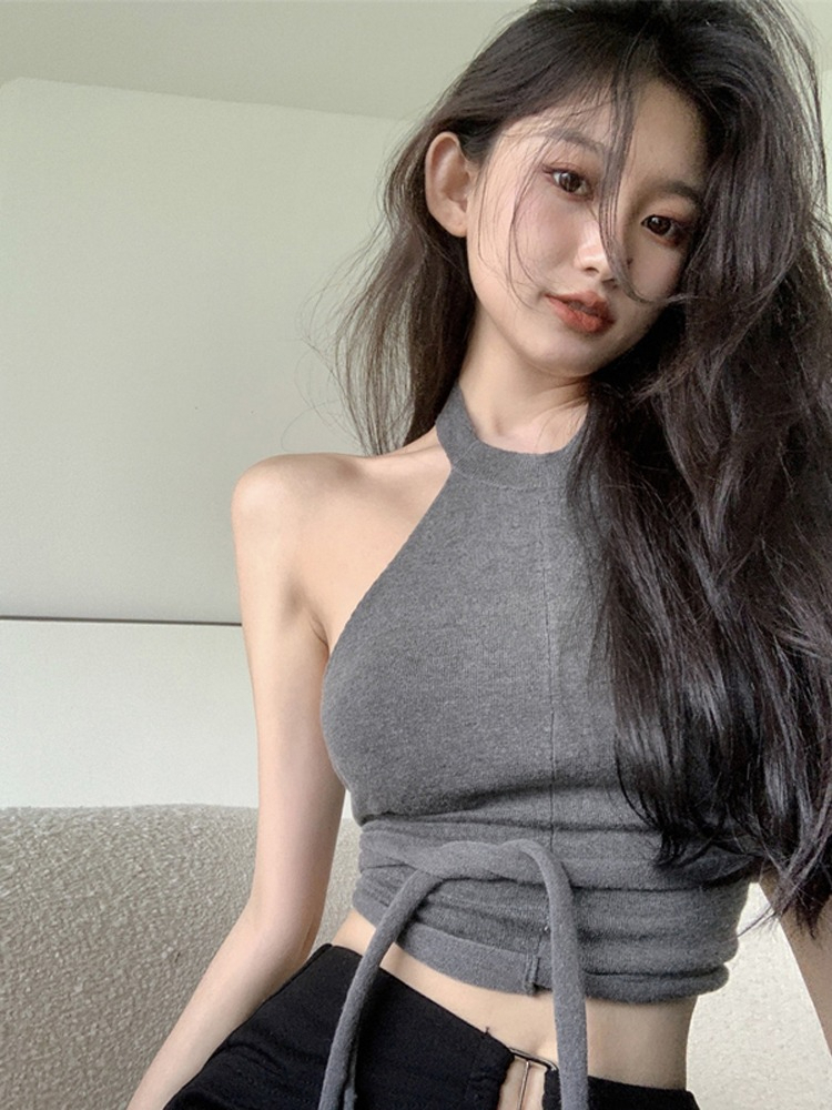 Crop Top Style Coréen Pure Desire Sweet pour Femme, Débardeur Y2K Halter à Nouer Dos Nu en Maille Sans Manches, Cami Extérieur Flatteur pour la Silhouette