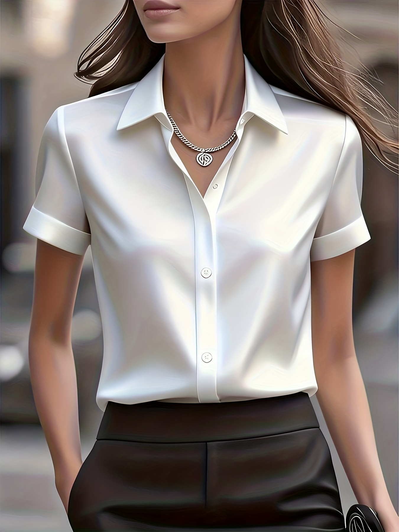 Chemise élégante en mélange de soie, coupe ajustée, polyvalente, à manches courtes, col en V, manches bouffantes, tunique pour femmes élégantes