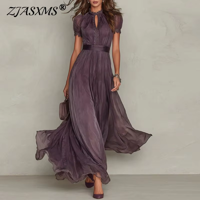 Robe longue plissée vintage en dentelle unie pour femme, col rond, taille haute, manches courtes, fluide, pour soirée, printemps-été